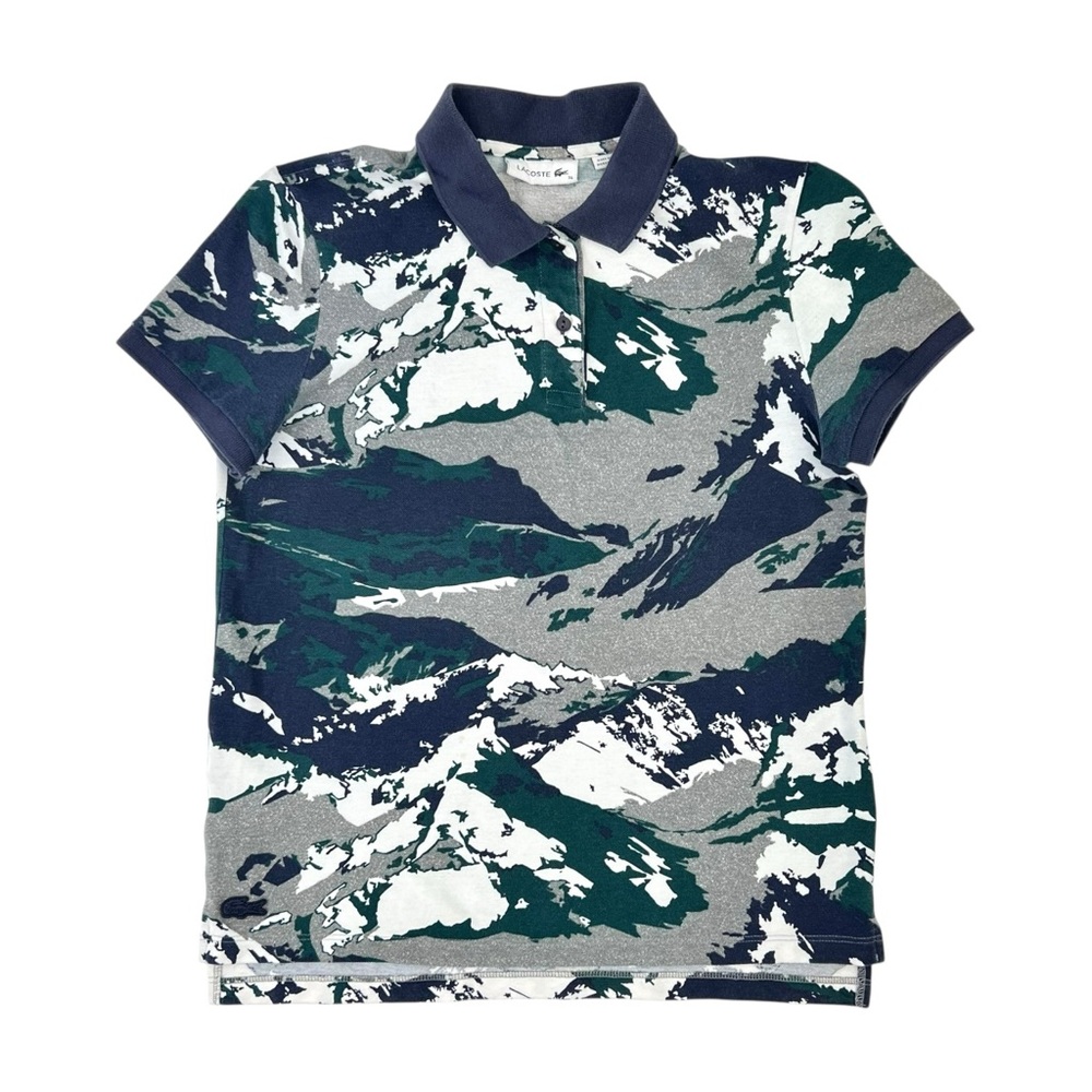 LACOSTE Navy Blue Green Gray Mountain Landscape Print Short Sleeve Polo Shirt